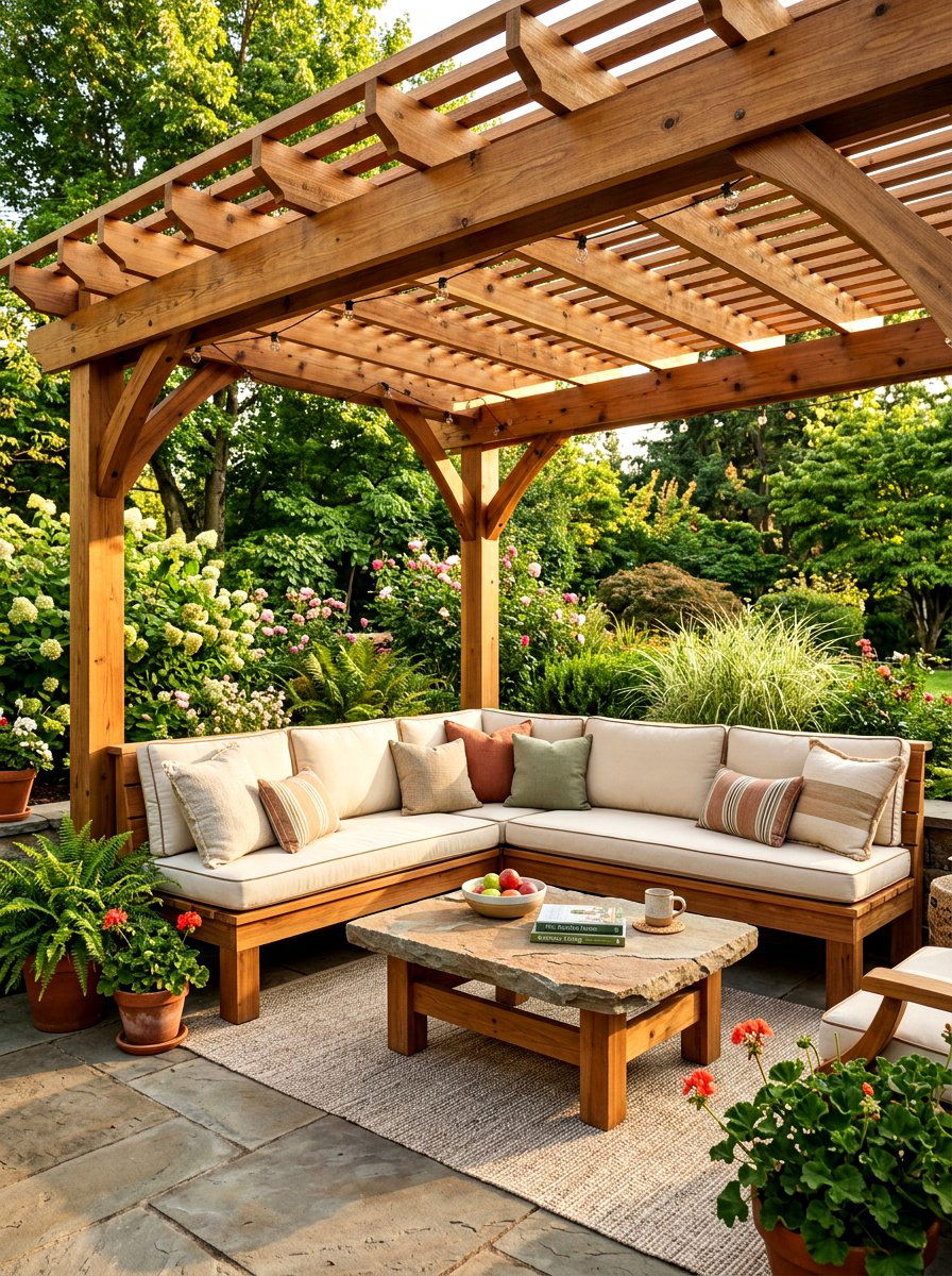 Built in seating under pergola - 30 pergola lounge patio ideas