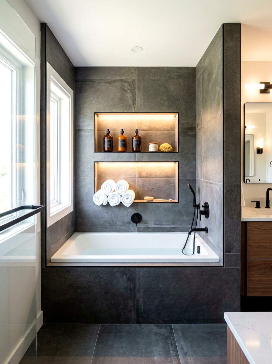 Built in shelving tub nook - 30 tub nook bathroom ideas
