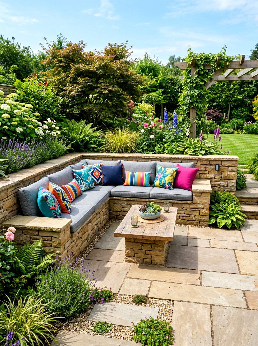 Built in stone bench - 30 patio lounge ideas