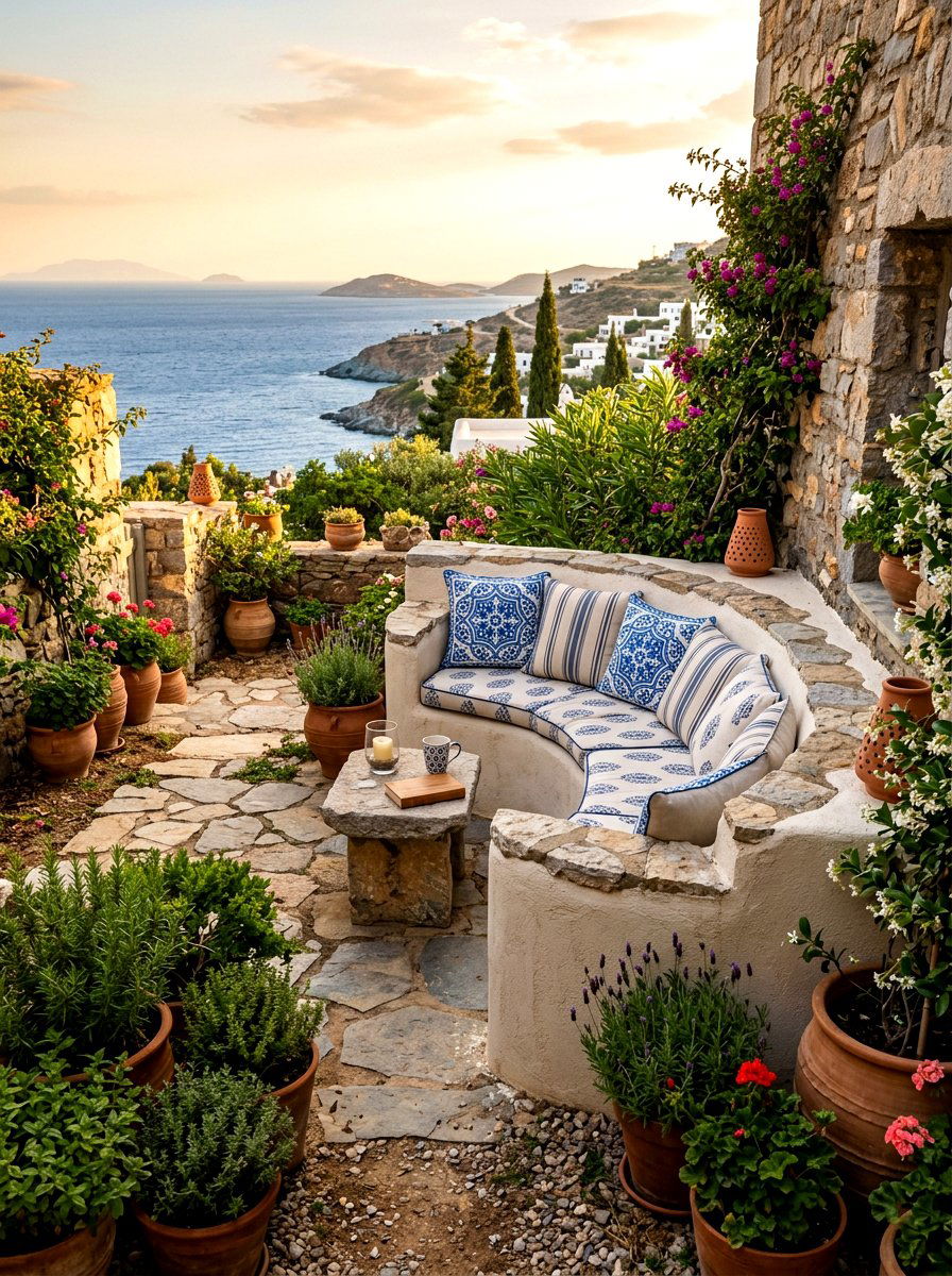 Built in stone bench courtyard - 30 Mediterranean front courtyard ideas