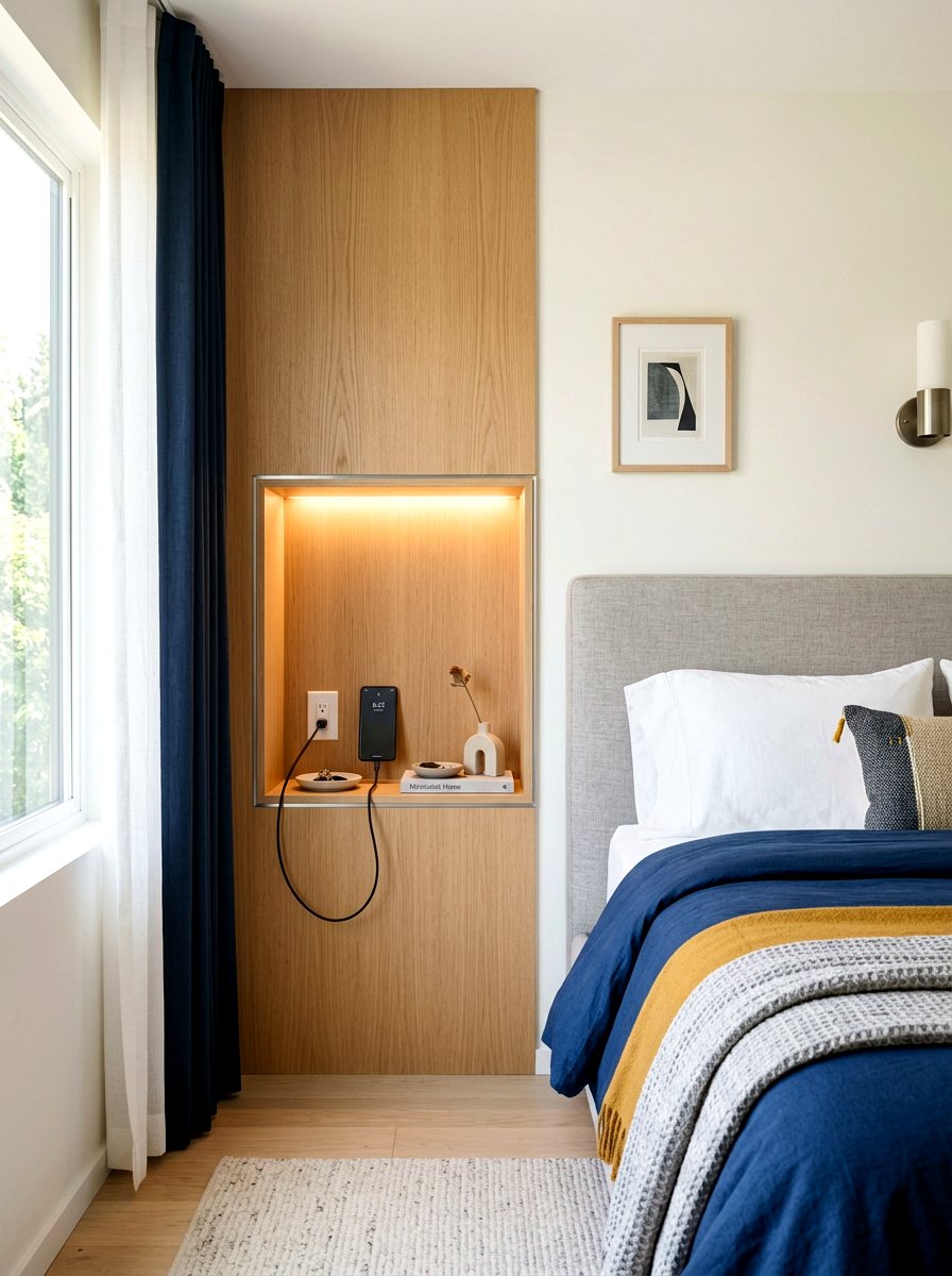 Built in wall niche - 30 guest room nightstand ideas