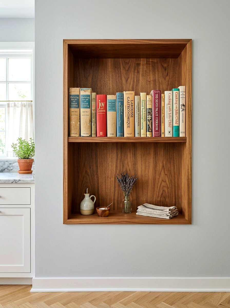 Built in wall niche - 30 cookbook shelf kitchen ideas