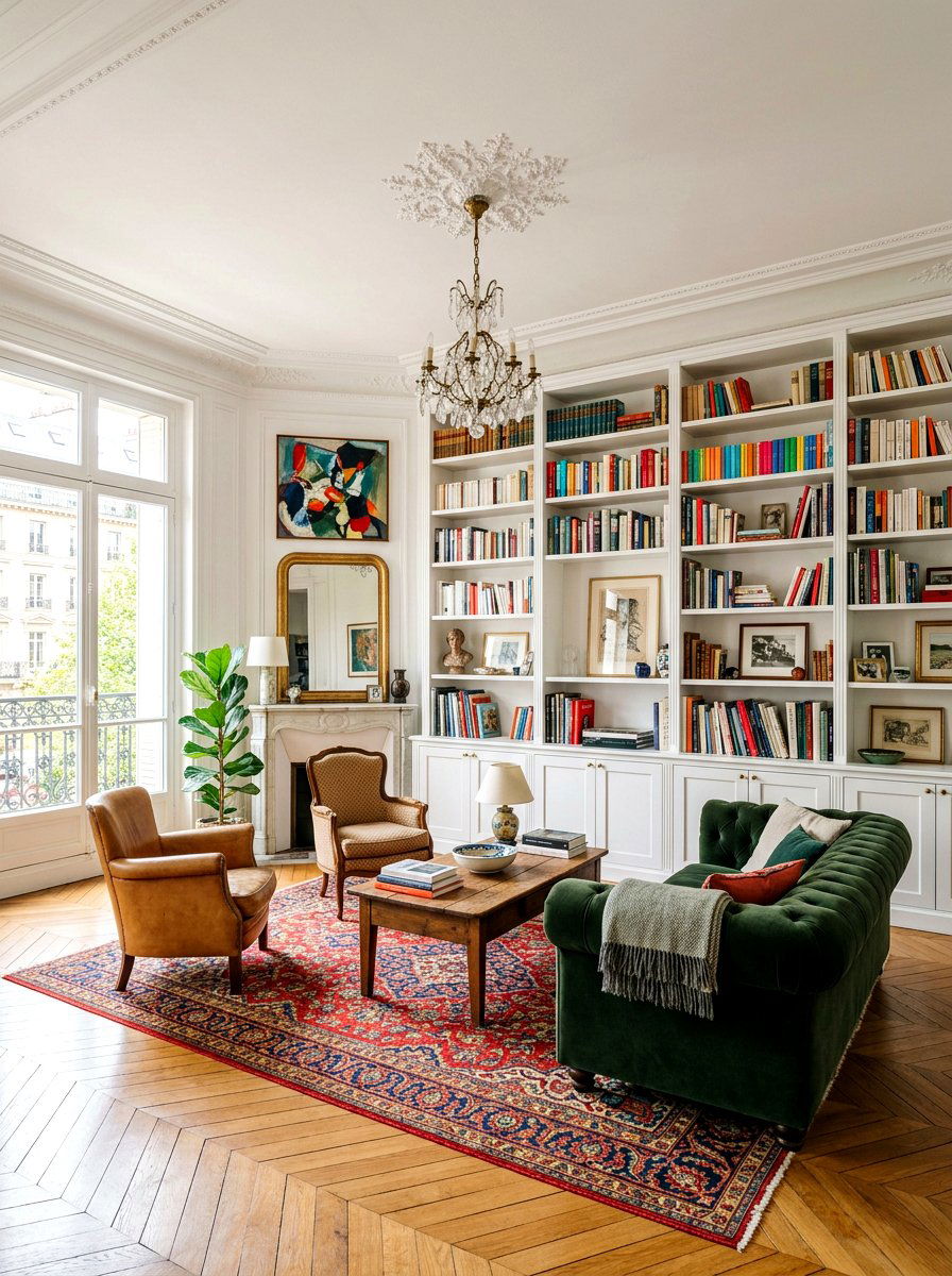 Built in wall shelving - 30 Parisian living room ideas