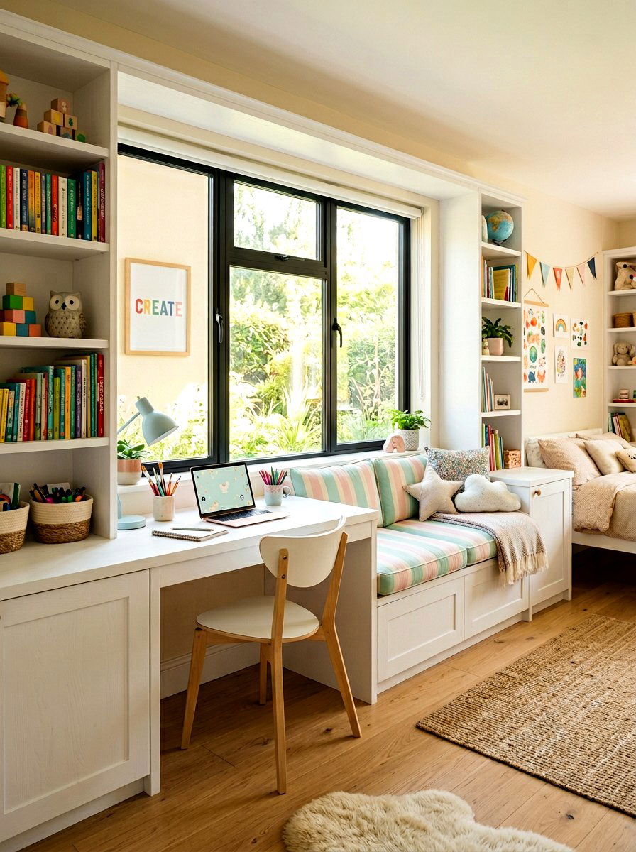 Built in window seat desk - 30 kids craft room ideas