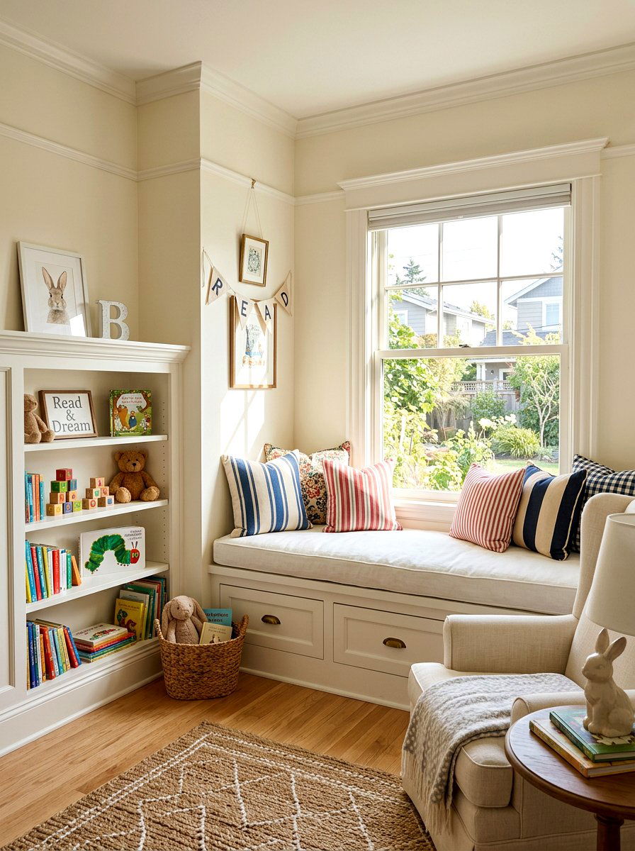 Built in window seat nursery - 30 nursery reading corner ideas aesthetic