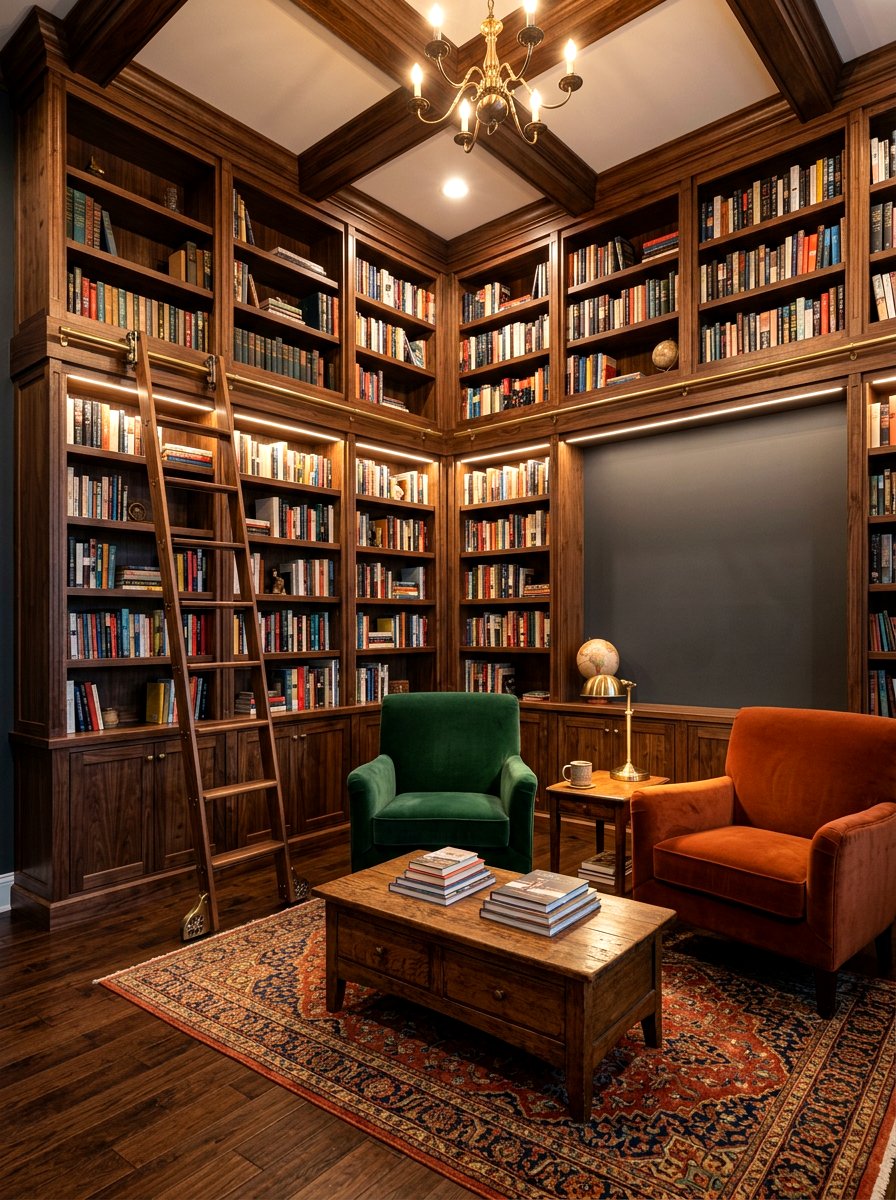 Built in wood bookcases with gray backdrop - 30 warm gray and wood living room ideas