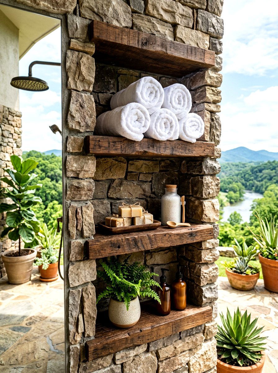 Built in wood shelves - 30 lodge bathroom ideas