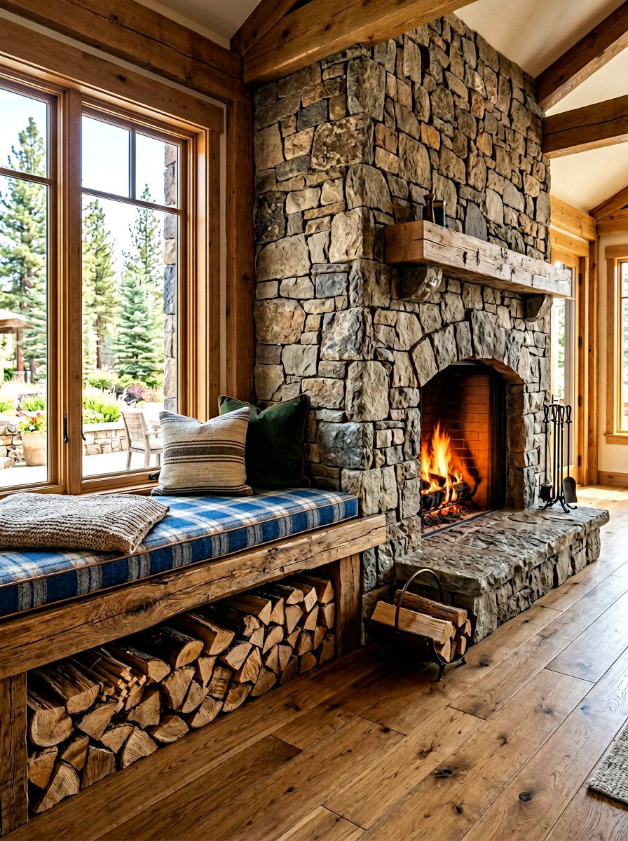 Built in wood storage seating - 30 backyard fireplace seating ideas