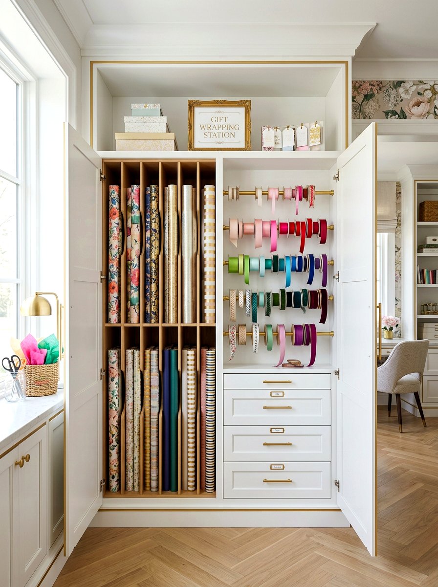 Built in wrapping paper cabinet - 30 wrapping paper storage ideas