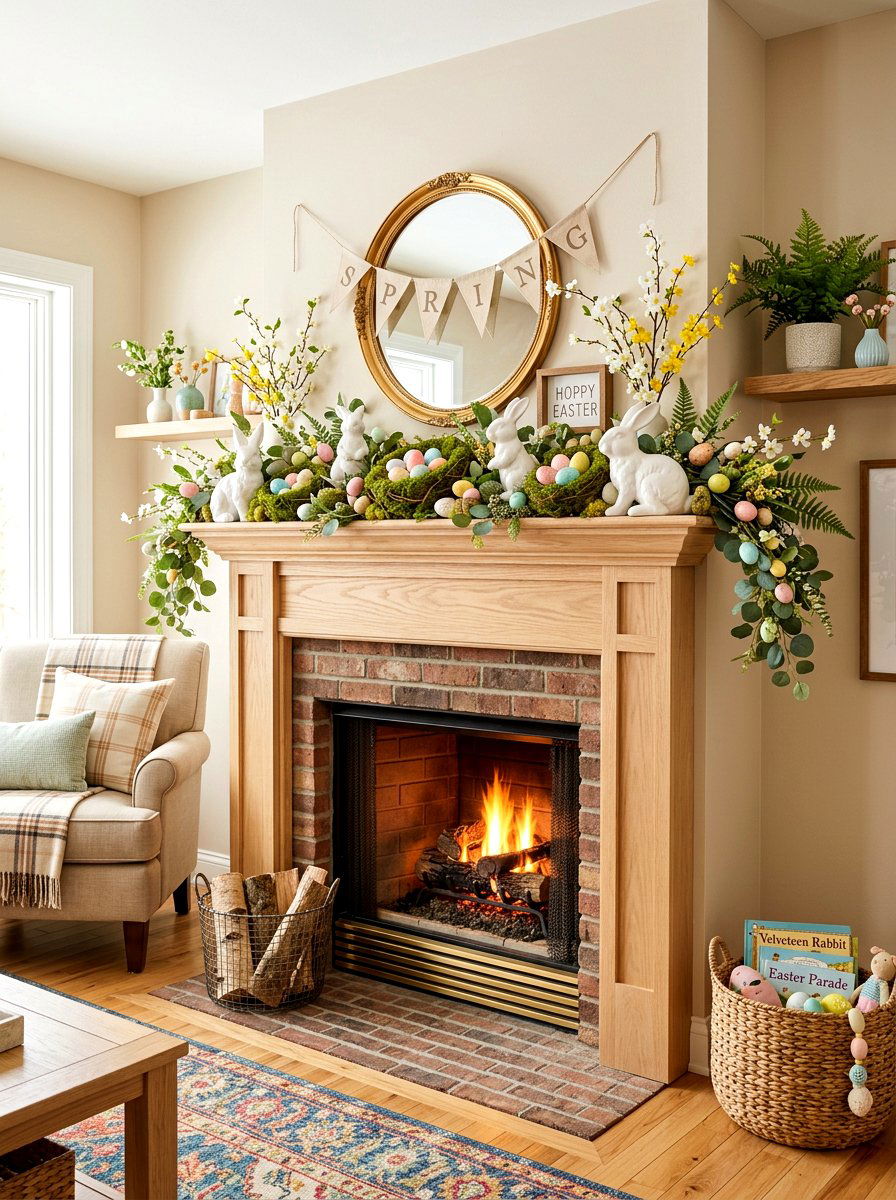 Bunny And Egg Mantel - 30 spring mantel styling ideas