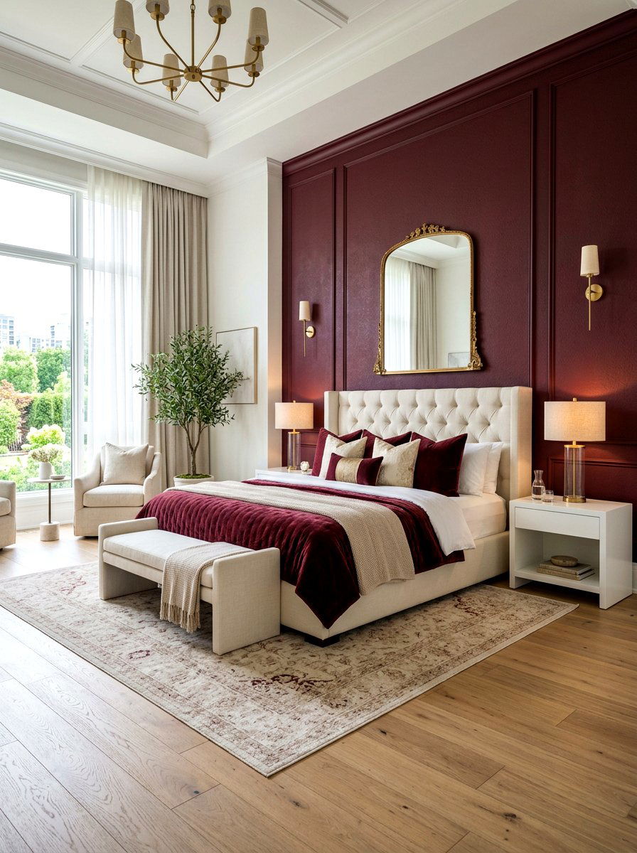 Burgundy Accent Wall - 30 wine color bedroom ideas