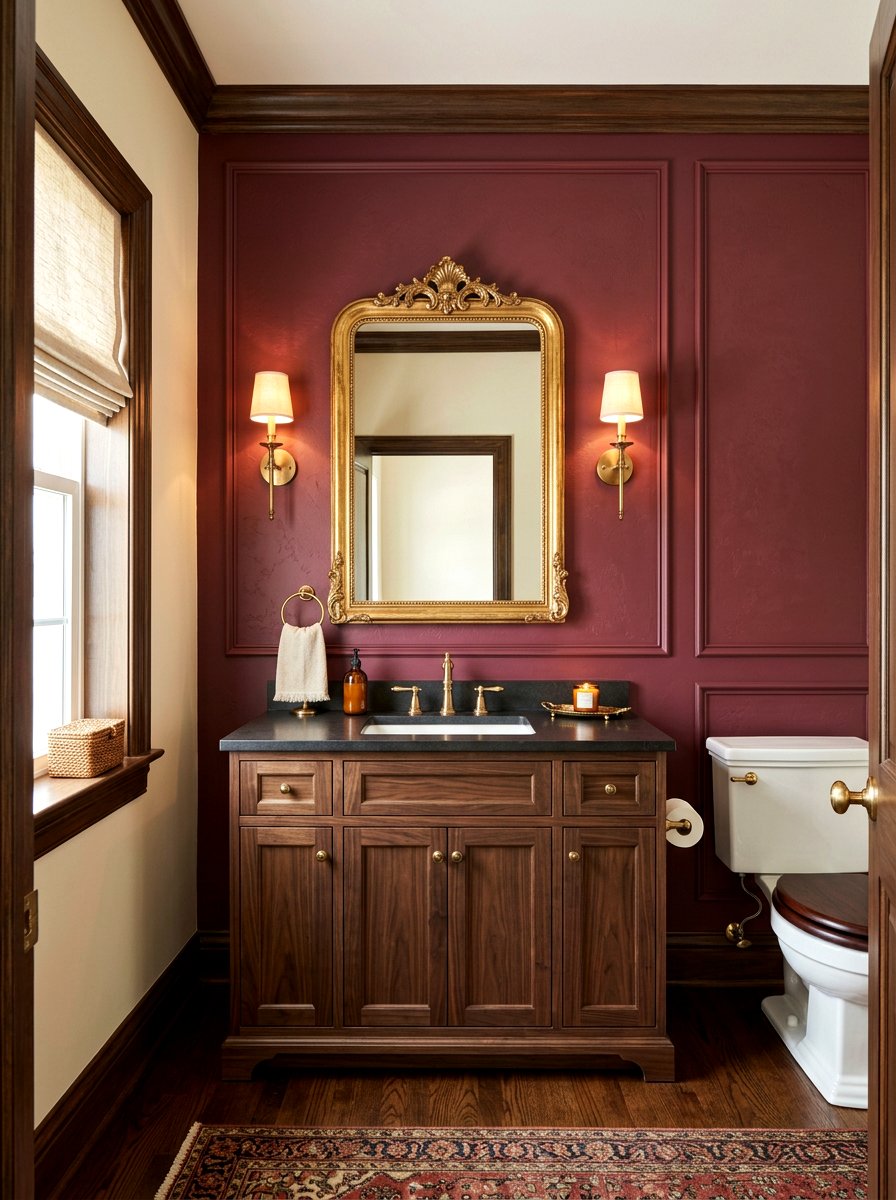 Burgundy Accent Walls - 30 dark powder room ideas