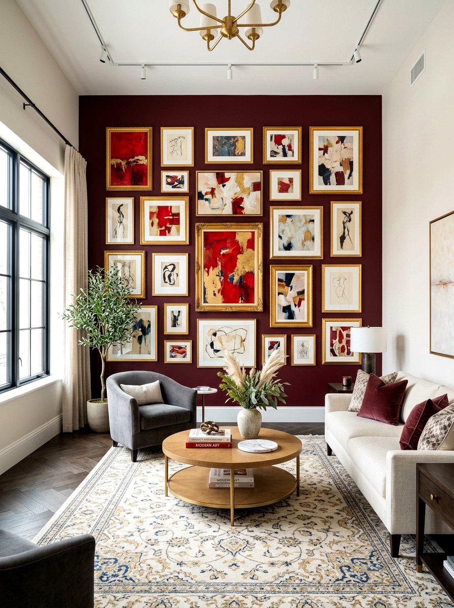Burgundy Art Gallery Wall - 30 burgundy living room ideas