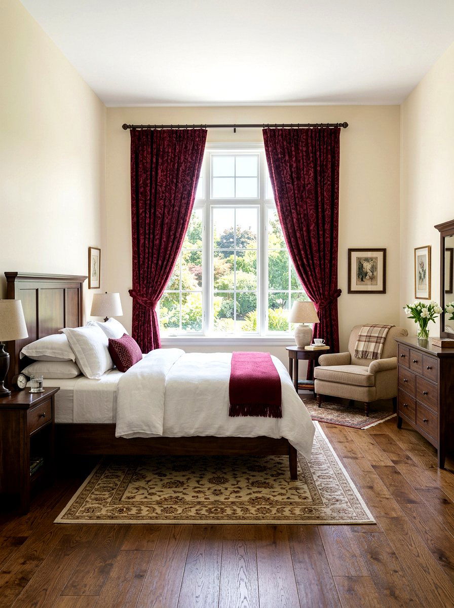 Burgundy Curtains - 30 wine color bedroom ideas