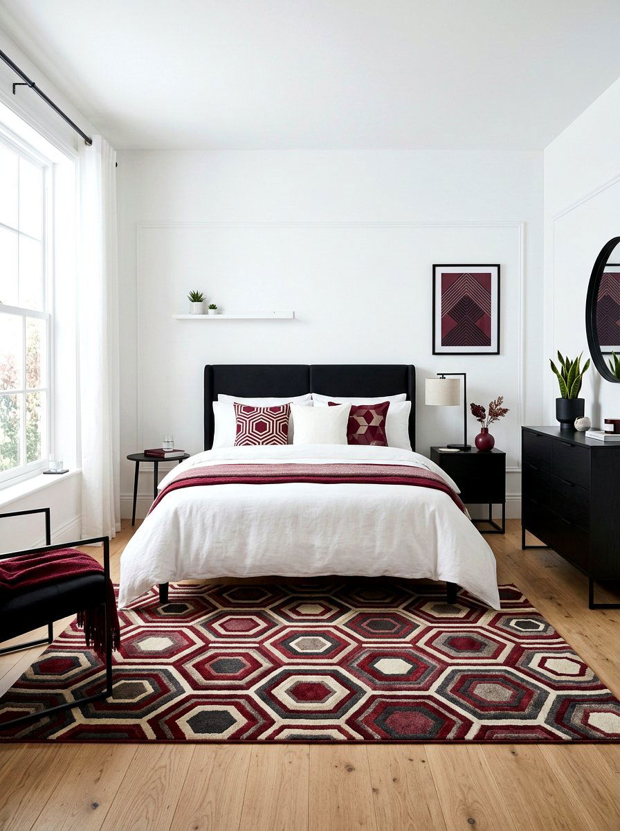 Burgundy Geometric Accents - 30 wine color bedroom ideas