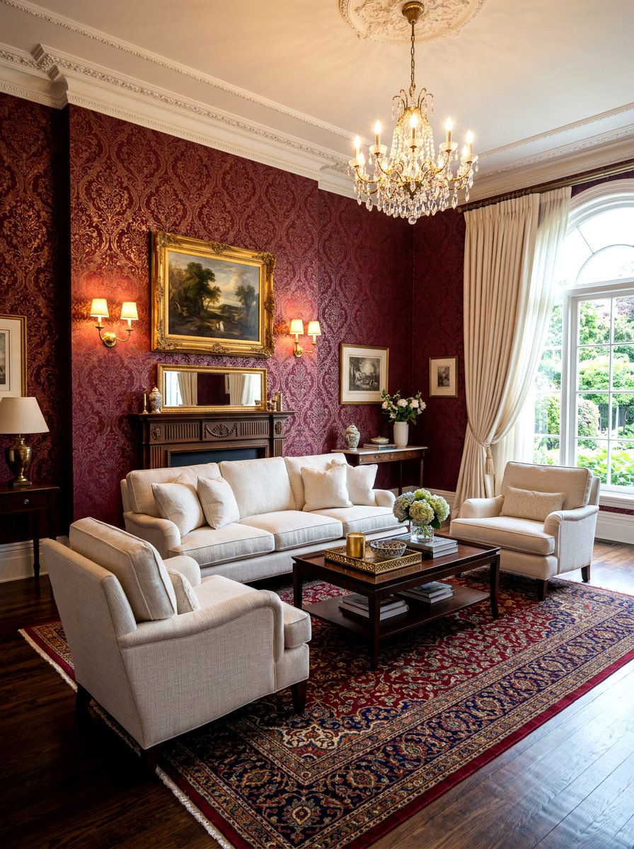 Burgundy Patterned Wallpaper - 30 burgundy living room ideas