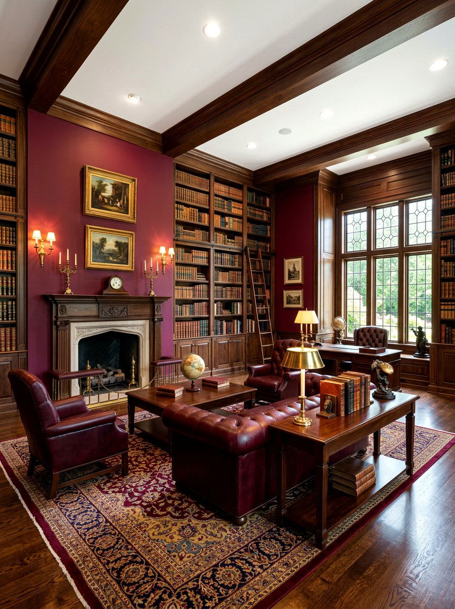 Burgundy Red Library - 30 moody home library ideas