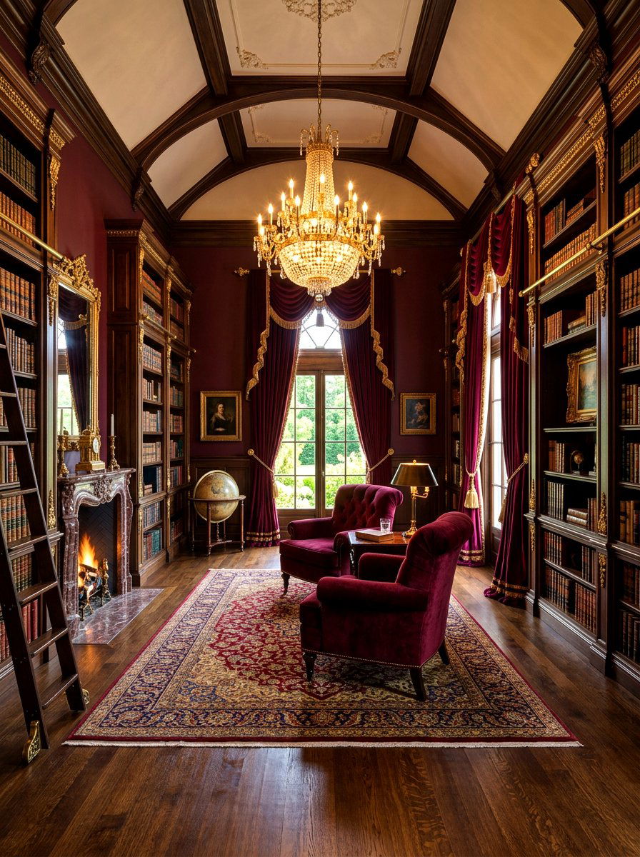 Burgundy Velvet Library - 30 moody reading room ideas