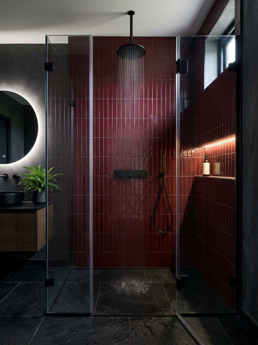 Burgundy Vertical Stack Tile - 30 colorful bathroom tile ideas