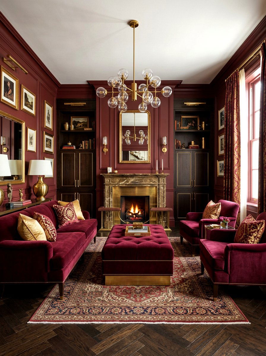 Burgundy and Brass Fixtures - 30 burgundy living room ideas