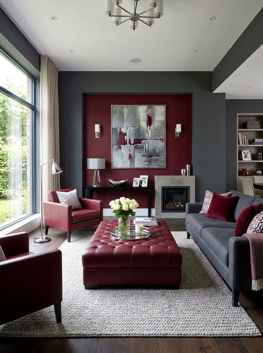 Burgundy and Grey Interior - 30 burgundy living room ideas