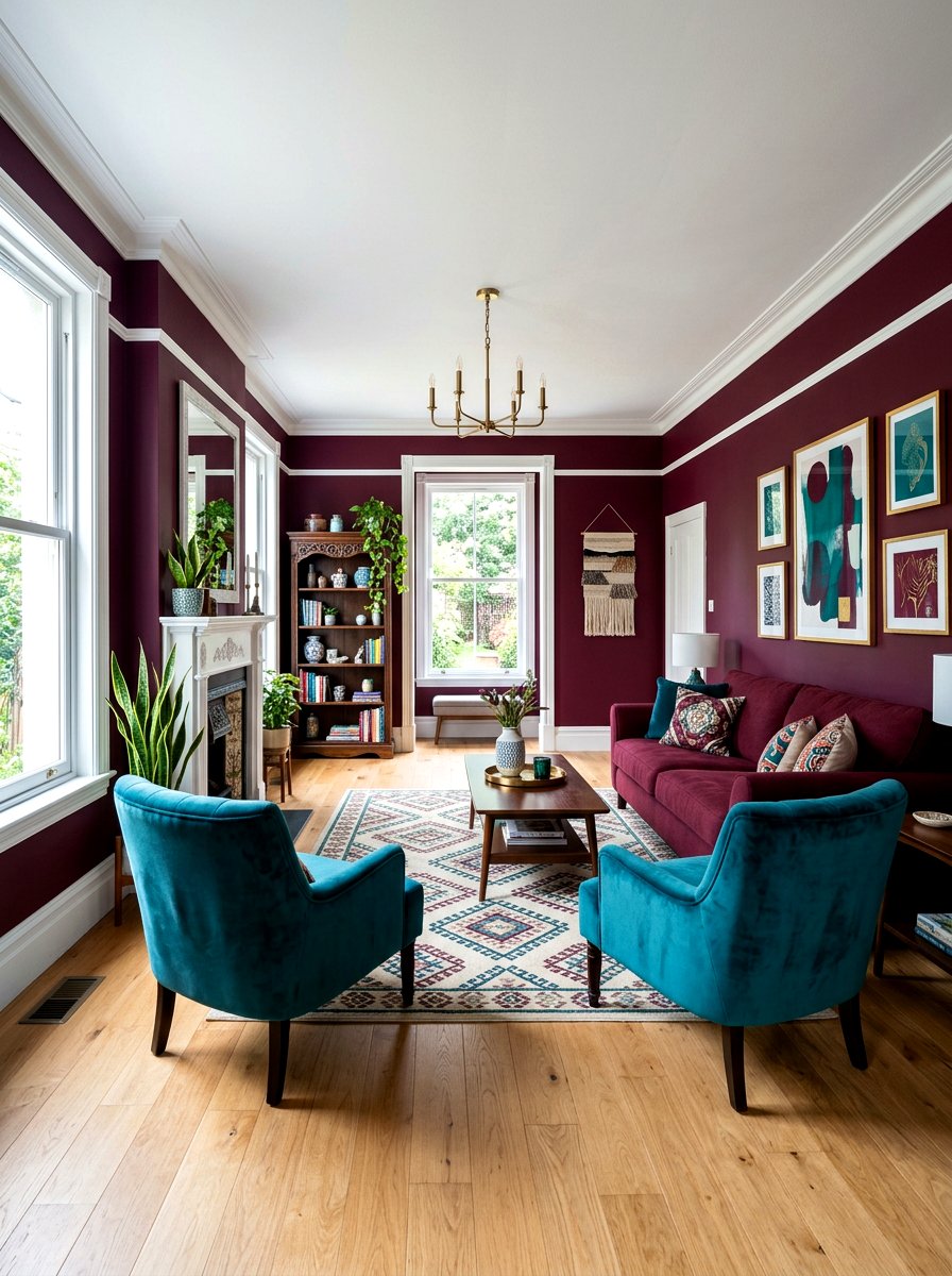 Burgundy and Teal Contrast - 30 burgundy living room ideas