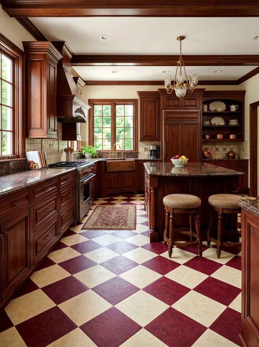 Burgundy and cream vinyl flooring - 30 peel and stick checkerboard floor ideas