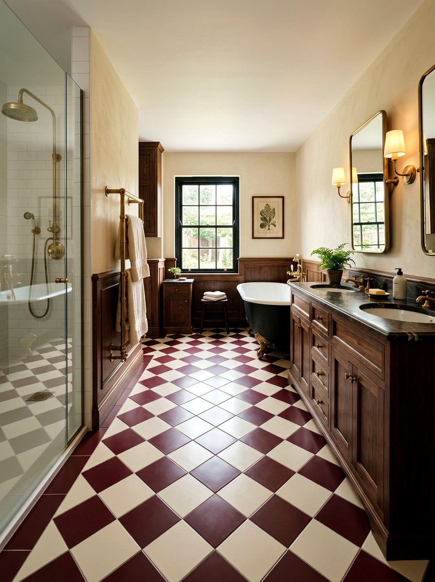 Burgundy checkerboard floor tile - 30 removable tile bathroom ideas