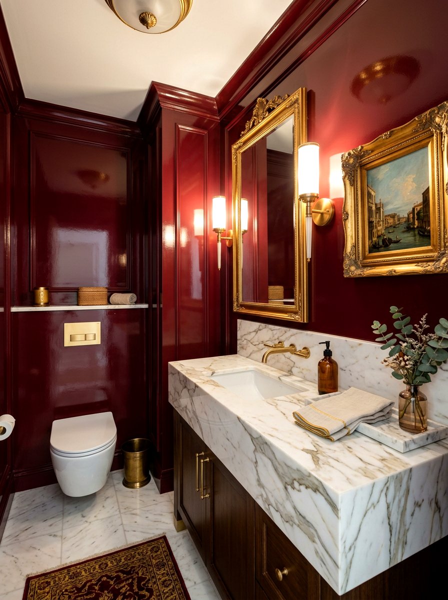 Burgundy red wall powder room - 30 jewel box powder room ideas