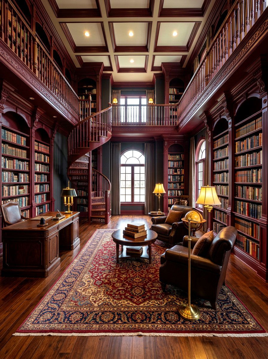Burgundy trim home library - 30 painted trim room ideas