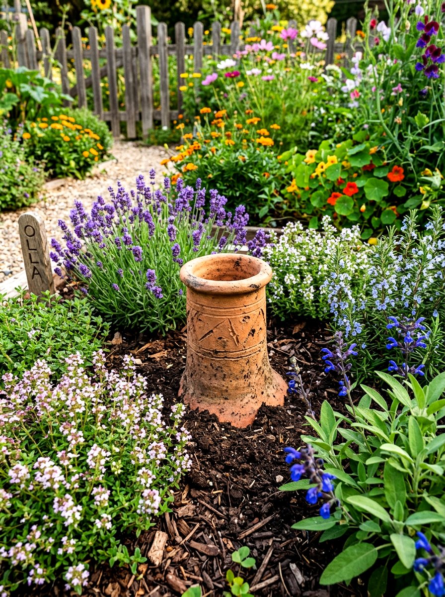 Buried Terracotta Olla Jar - 30 greenhouse watering setup ideas