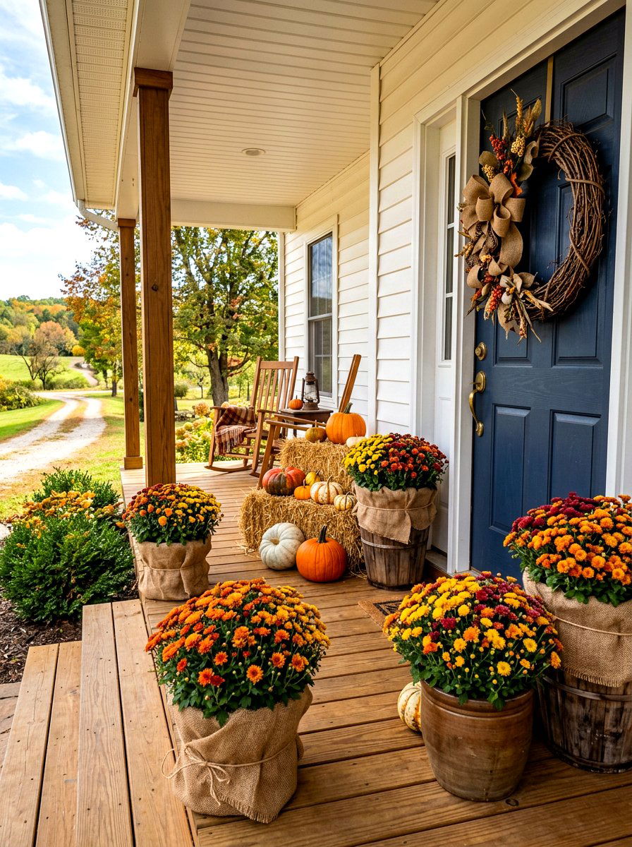 Burlap Accent Autumn Porch - 30 natural autumn porch ideas