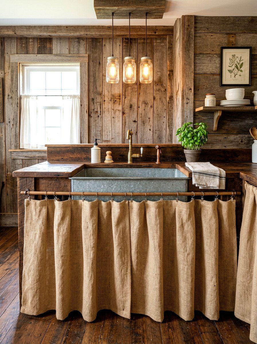 Burlap Farmhouse Sink Skirt - 30 skirted powder room sink ideas