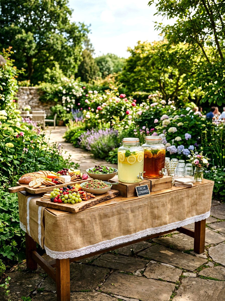 Burlap Garden Buffet Table - 30 skirted table ideas