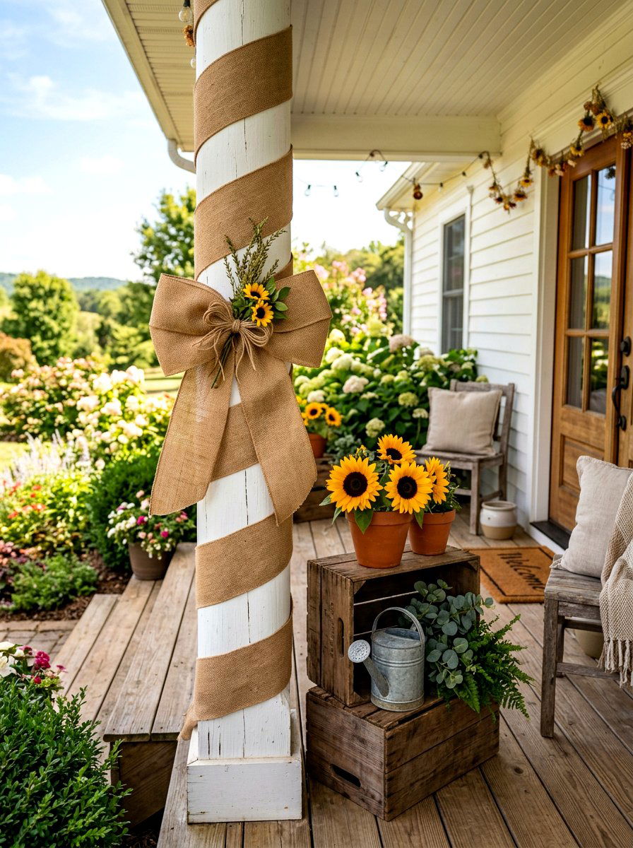 Burlap Ribbon Wrap - 30 porch columns decor ideas