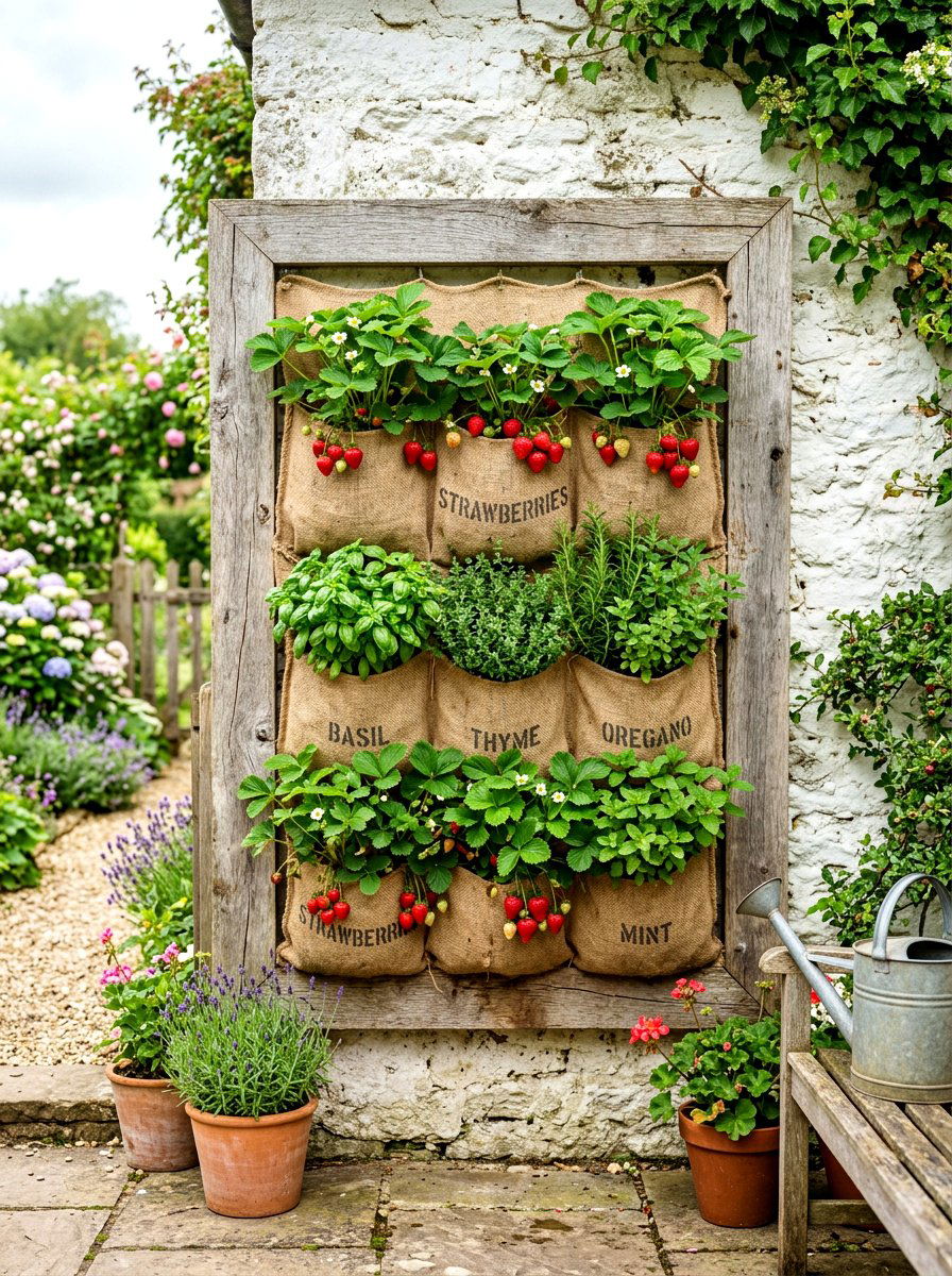 Burlap Sack Wall Planter - 30 rustic vertical garden ideas