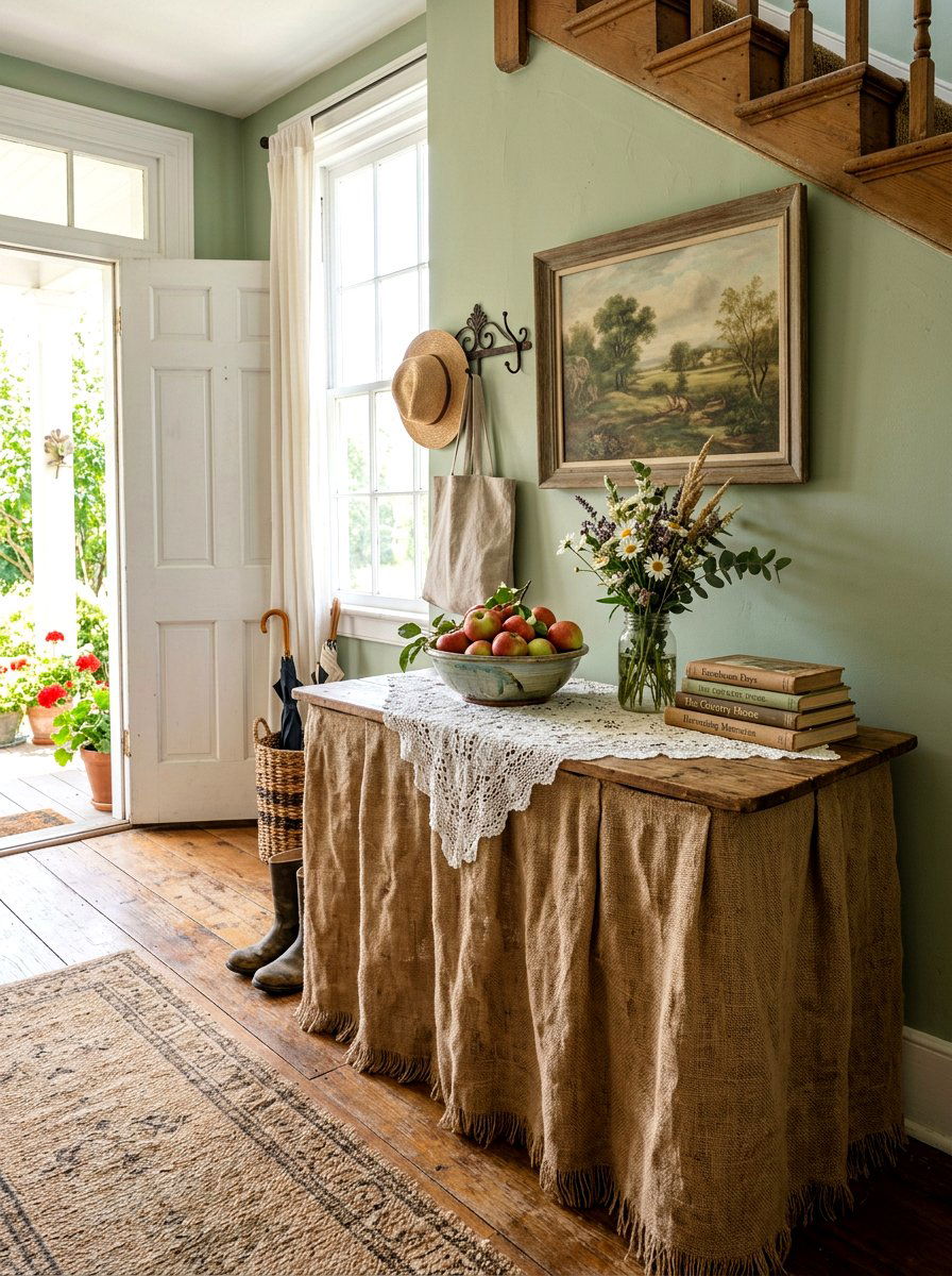 Burlap Skirted Entry Table - 30 skirted foyer table ideas