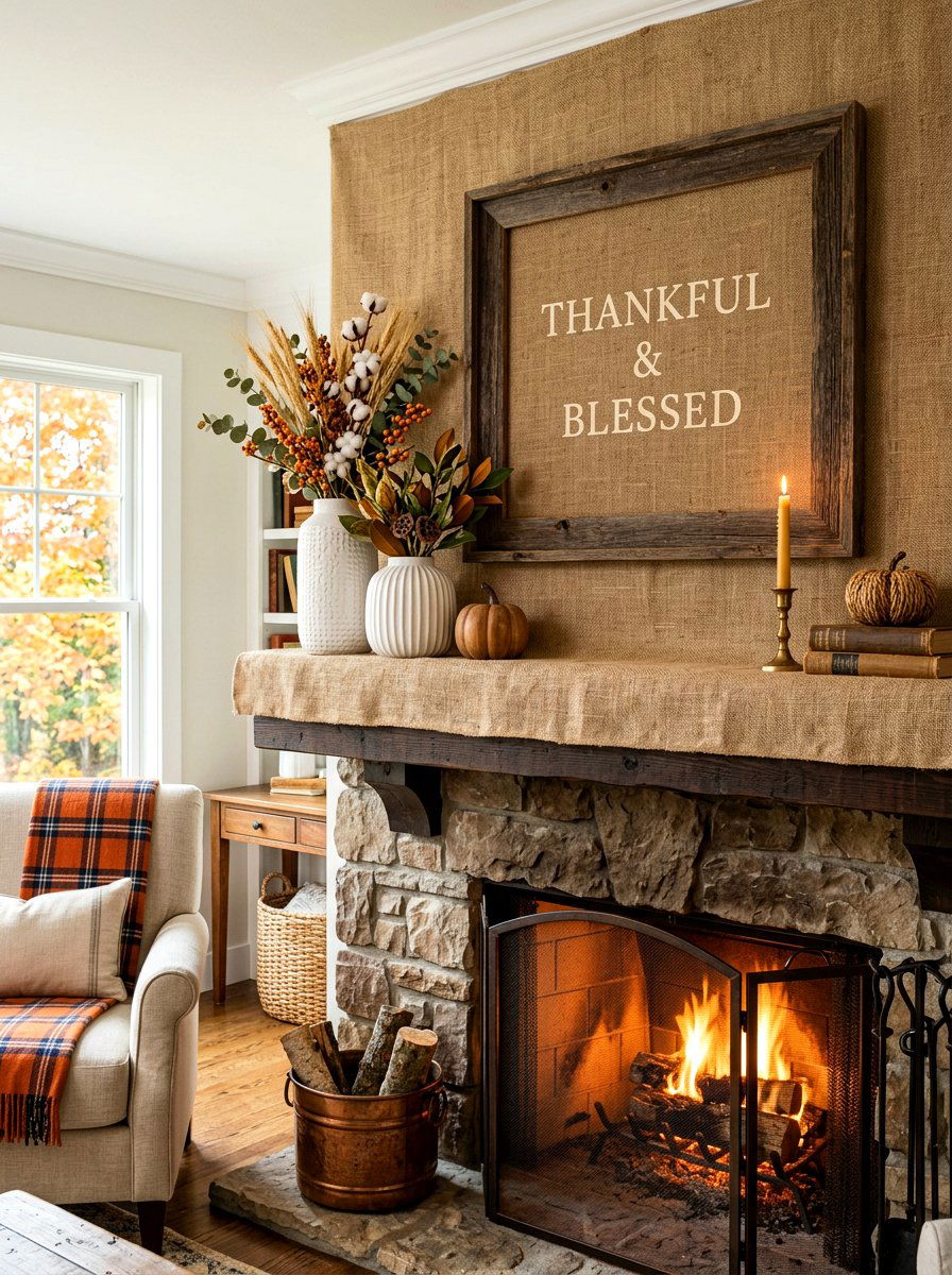 Burlap Texture Backdrop - 30 vintage mantel styling ideas