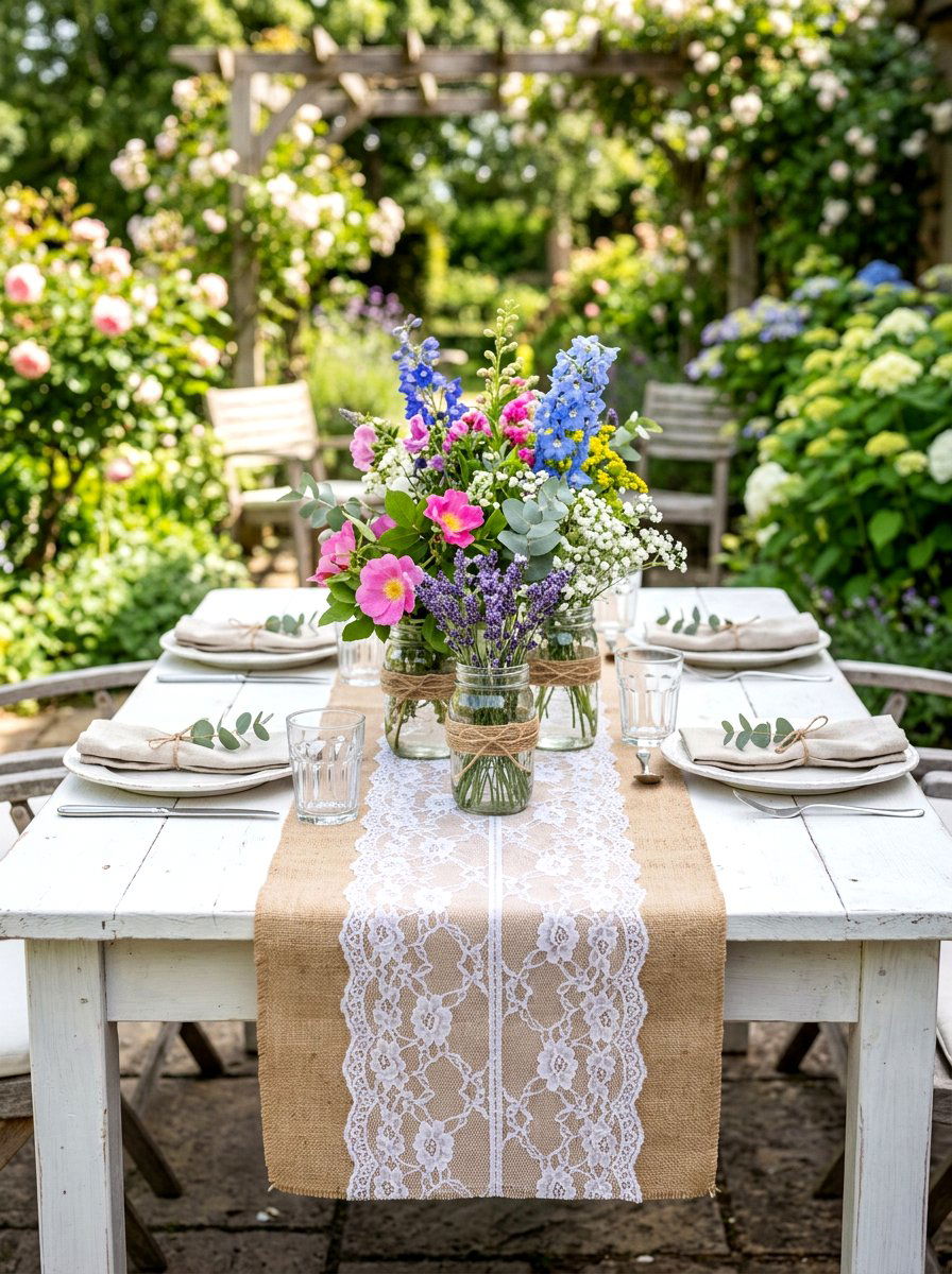 Burlap and Lace Table Decor - 30 cottage garden wedding ideas