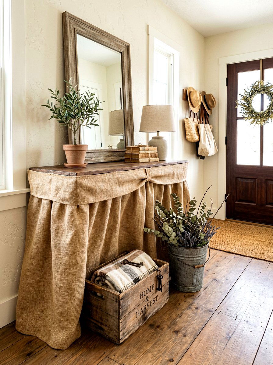 Burlap console skirt - 30 skirted console table ideas