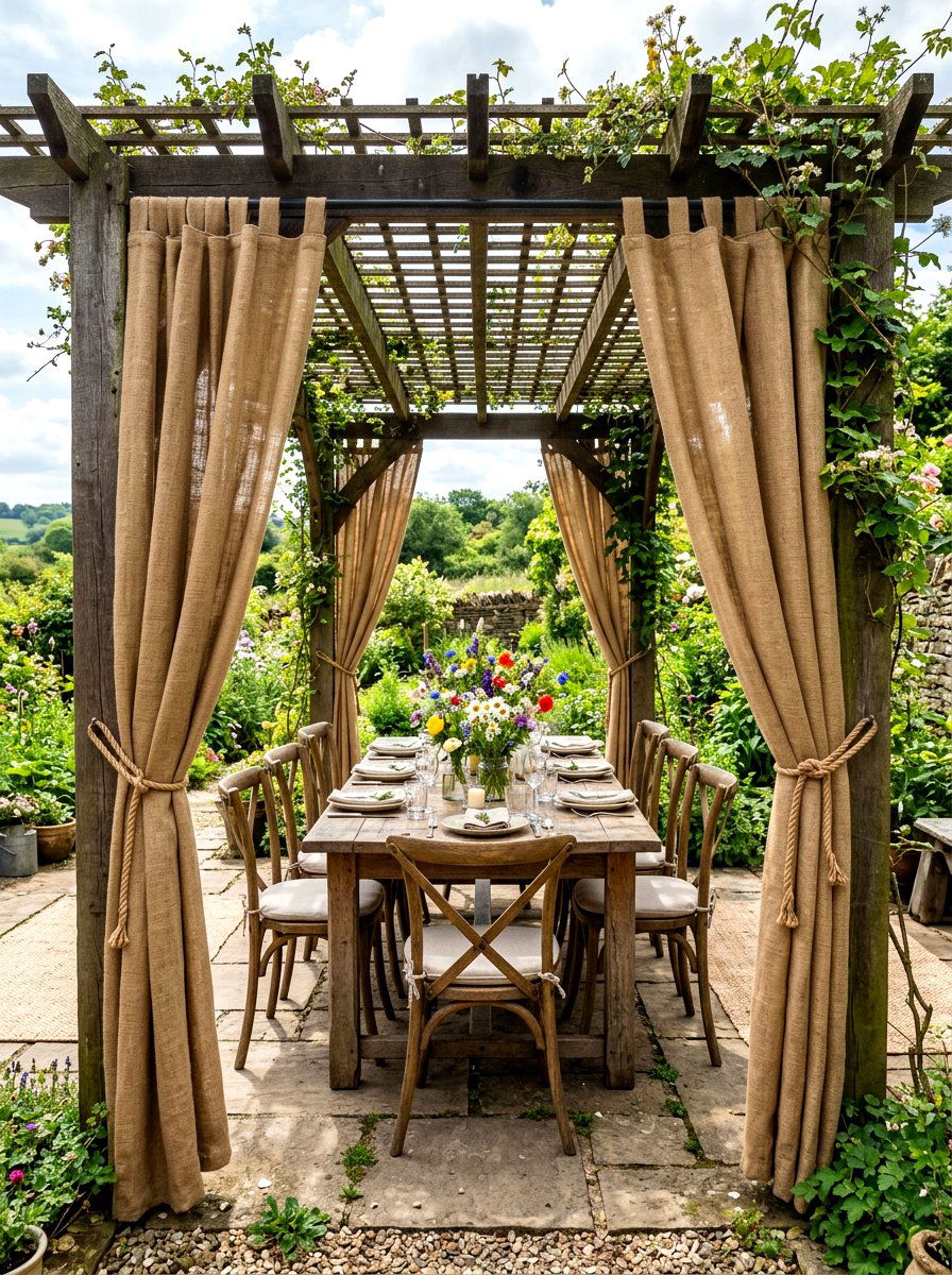 Burlap pergola curtains - 30 pergola curtain ideas