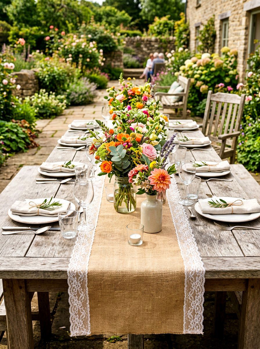Burlap runner rustic garden lunch - 30 garden salad tablescape ideas