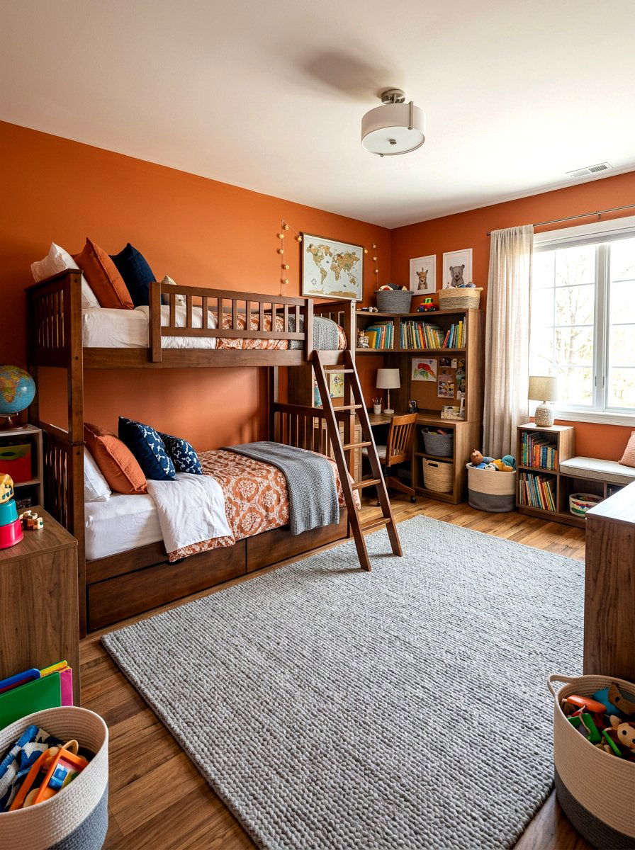 Burnt Orange Shared Bedroom - 30 color drenched kids room ideas