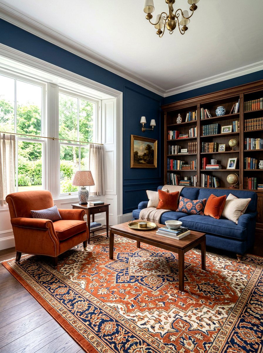 Burnt orange and navy blue living room - 30 burnt orange living room ideas
