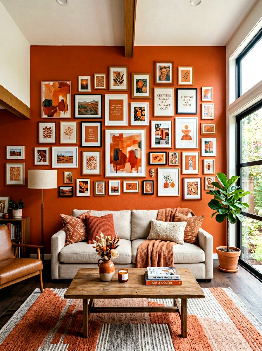 Burnt orange gallery wall - 30 burnt orange living room ideas