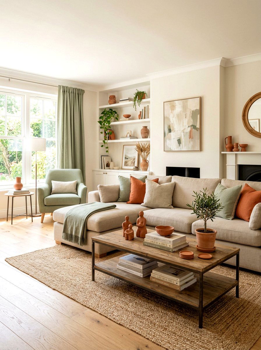 Burnt orange terracotta accent living room - 30 terracotta and sage living room ideas