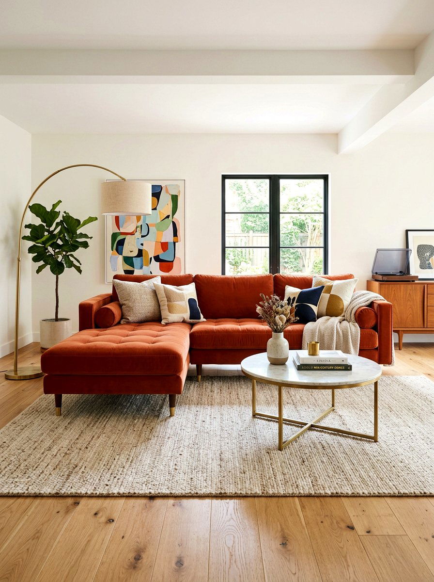 Burnt orange velvet sofa - 30 burnt orange living room ideas