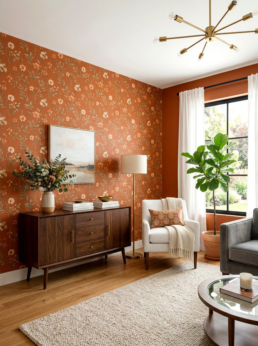 Burnt orange wallpaper - 30 burnt orange living room ideas