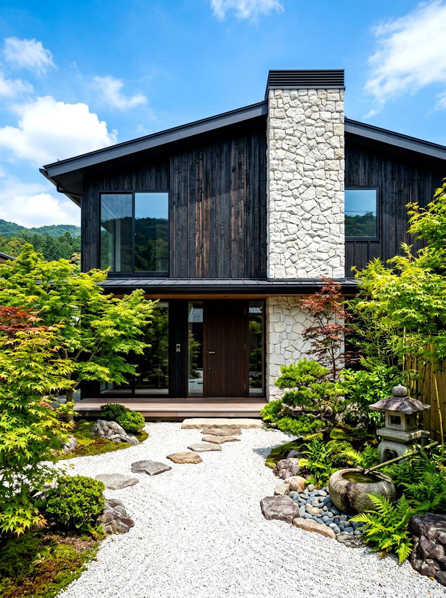 Burnt wood shou sugi ban and stone - 30 mixed material facade ideas