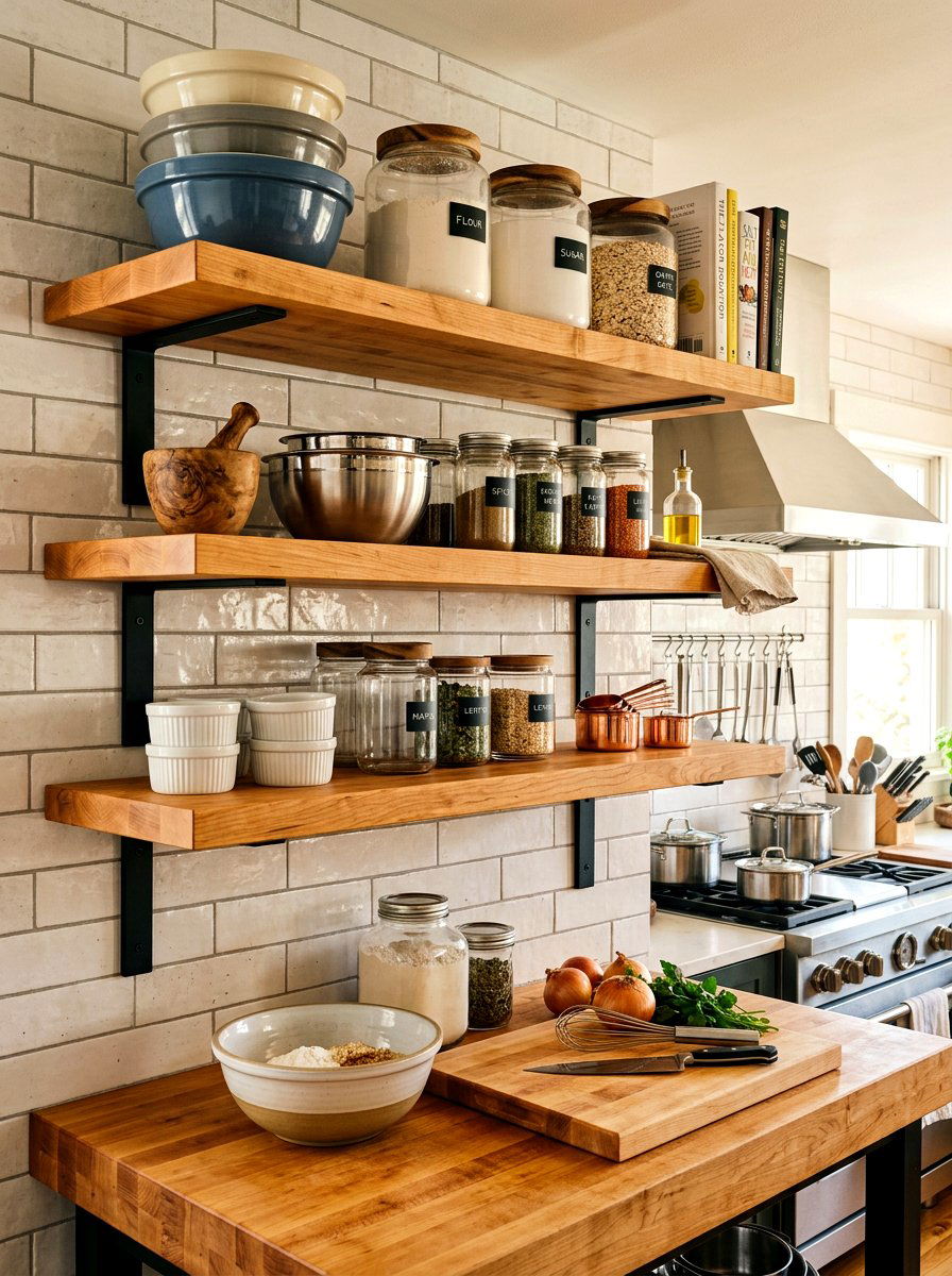 Butcher Block Kitchen Shelves - 30 open shelving kitchen decor ideas